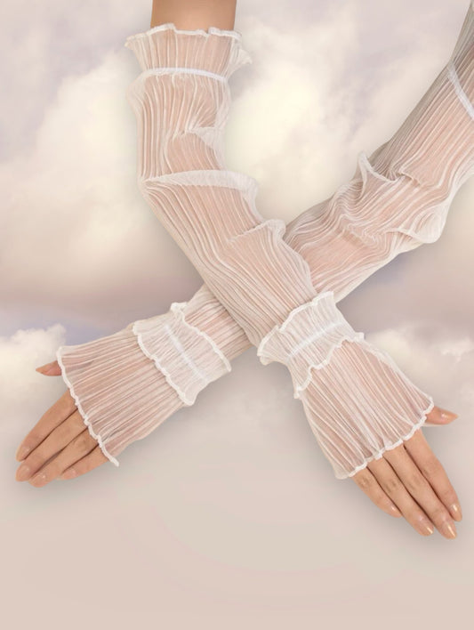 White pleated ruffle trim arm sleeves