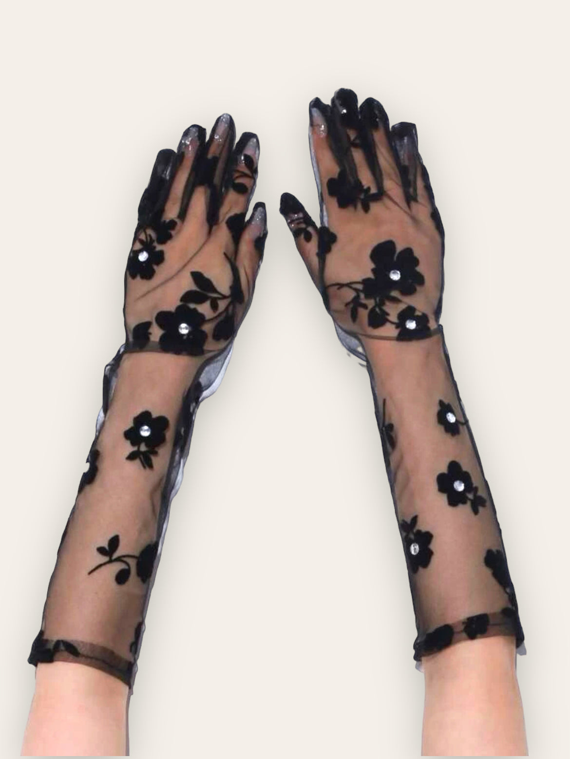 black floral gloves with rhinestone details