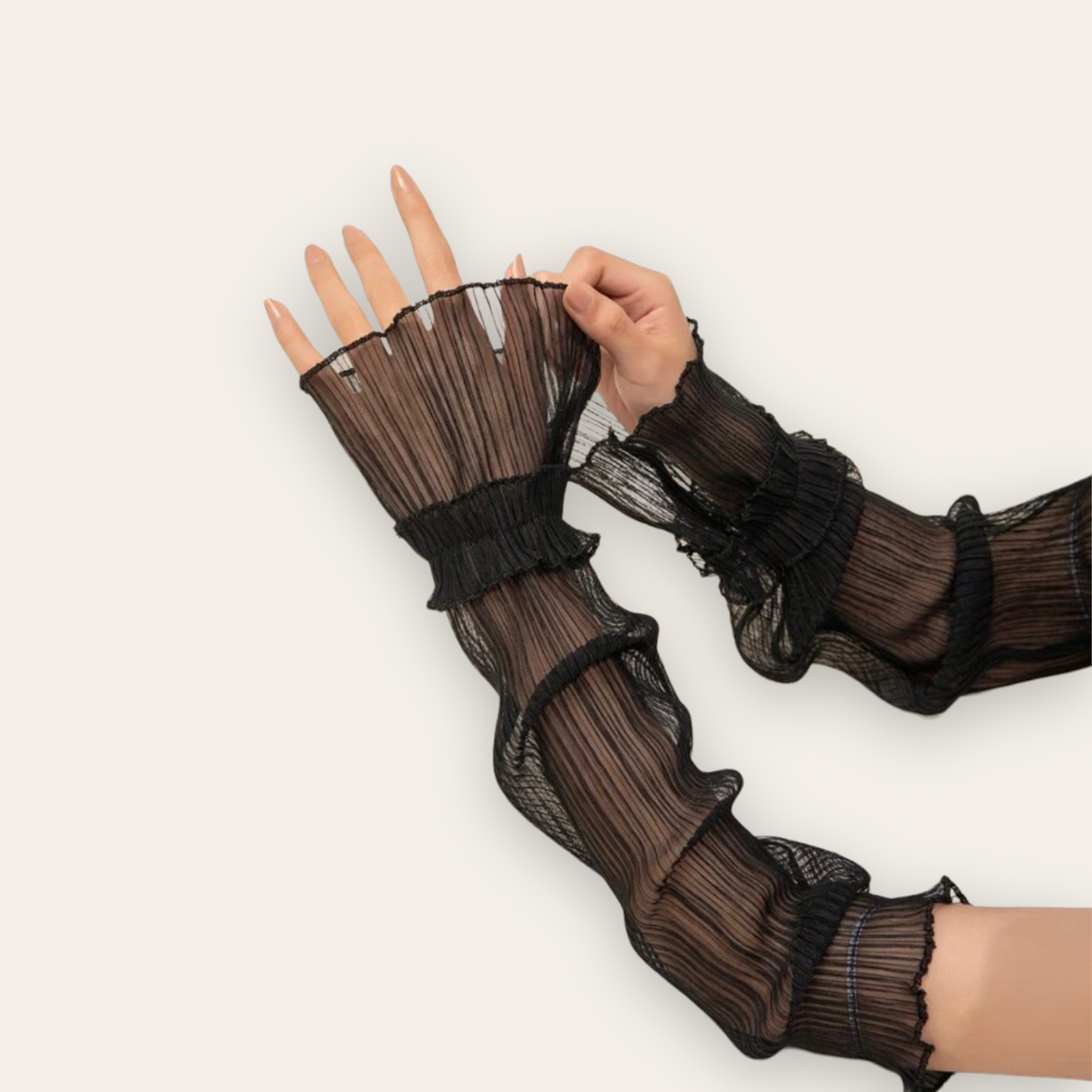 Black mesh arm sleeves, pleated mesh finger less gloves